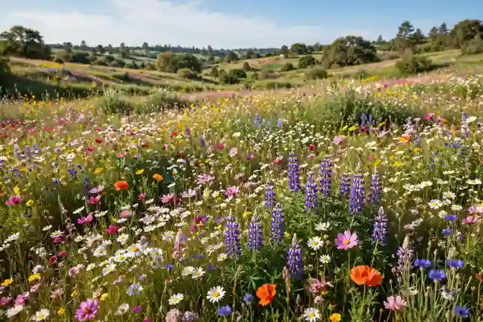 Sunlit wildflower meadow under a clear afternoon sky, full of colour and life