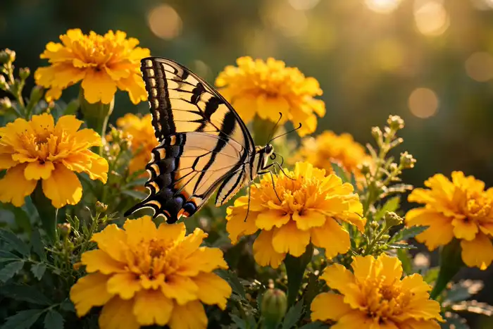 A butterfly resting on bright flowers in warm afternoon sunshine
