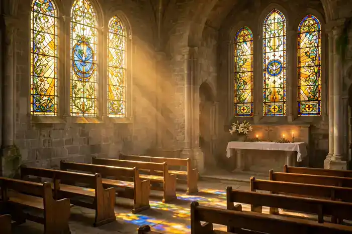 A quiet chapel interior bathed in golden afternoon light streaming through stained glass