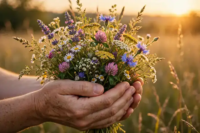 Grateful hands holding flowers weekend blessings